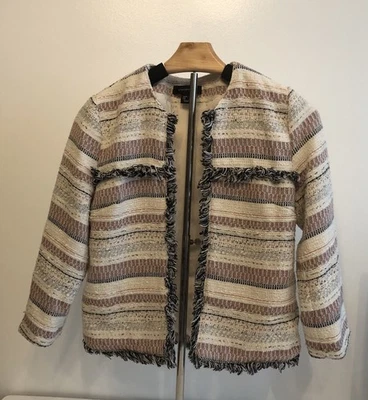 Women’s Atmosphere Blazer Jacket Tweed Effect Size 4 Pink Beige Fringe Open - Image 1 of 4