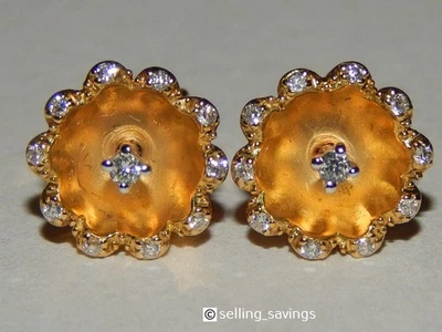 18K желтое золото бриллиант матовый 8 мм диаметр маленький цветок цветочные серьги - Изображение 1 из 4