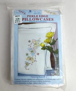 Fluttering Butterflies Pair Perle Edge Pillowcases Stamped for Embroidery JDNA - Picture 1 of 5