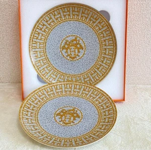 Hermes Mosaique Au 24 Dessert Plate Gold Tableware Dish 2 set Auth New Box 21 cm - Picture 1 of 7