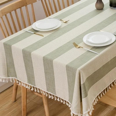 Cotton Tablecloth Rectangle Table Sage Green Striped Tablecloths Oblong Boho ... - Image 1 of 4
