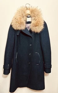 WOMENS SOIA & KYO BLACK DOUBLE BREASTED WOOL COAT REMOVABLE RACCOON FUR SZ LARGE - Picture 1 of 10