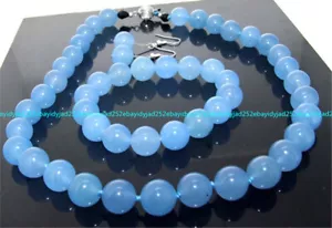 Natürliche blaue Jade 8 mm Edelstein Runde Perlen Halskette Armband Ohrring 18 Zoll AAA - Bild 1 von 12