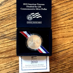 2010 US American Disabled Veterans Uncirculated Silver Dollar in box with COA - Picture 1 of 3