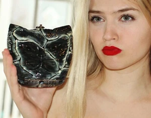Timmy Woods GROUCHY MAD GRUMPY SCARY BLACK CRAZY CAT KITTY MINAUDIERE PURSE BAG - Picture 1 of 9