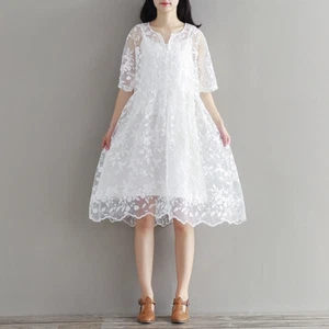 Lady Lace Embroidery Floral Dress Short Sheer Sleeve Cut Out Midi Loose Casual - Picture 1 of 12