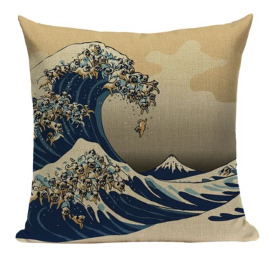Pug Ocean Waves JP15 Cushion Pillow Cover Painting Vintage Japan Cartoon Beach - Image 1 of 4