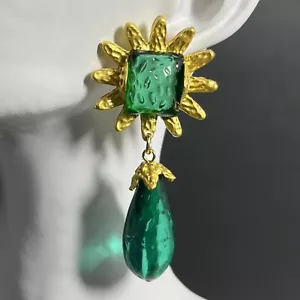 Brutalist Gripoix Style Earrings Pierced Teal Green Matte Gold Sunburst Dangle - Picture 1 of 6