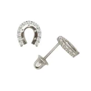 14K Gold Goodluck Horseshoe Screw Back Stud Earrings w/ Sparkling CZ Stones - Picture 1 of 4