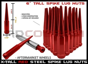Complete Kit of 6 Inch Red Spiked Lug Nuts M14x1.5 + Key 6x5.5 Pattern - Picture 1 of 10
