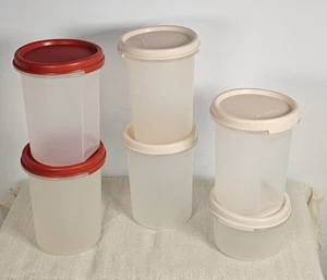 Tupperware Lot Of 6 Small Round Storage Containers Lids Red Beige - Picture 1 of 3