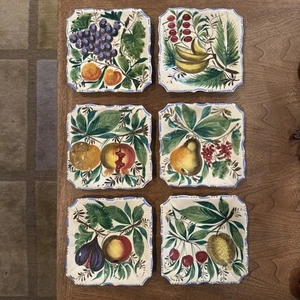6 Hand Painted Italy Square Salad Dessert Plates 7" Fruits ๐ ๐ ๐ Majolica - Picture 1 of 8