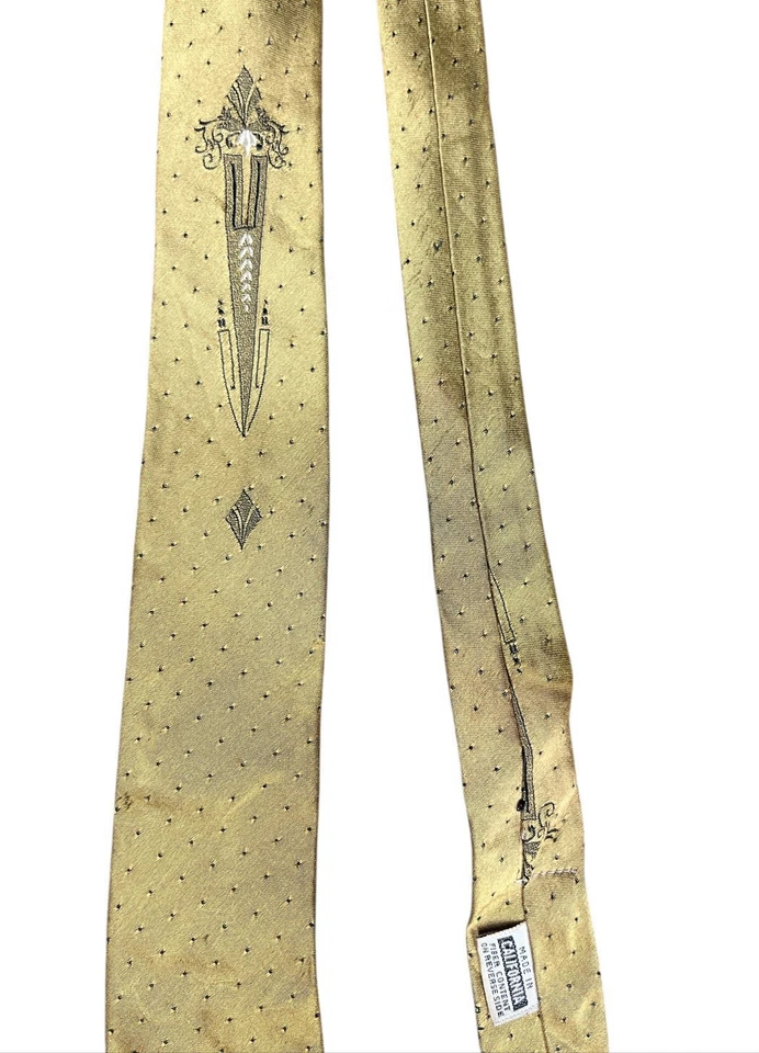 Vintage 1950s Rayon Necktie Made in California Gold Dagger Print Mid Century - Image 1 of 4