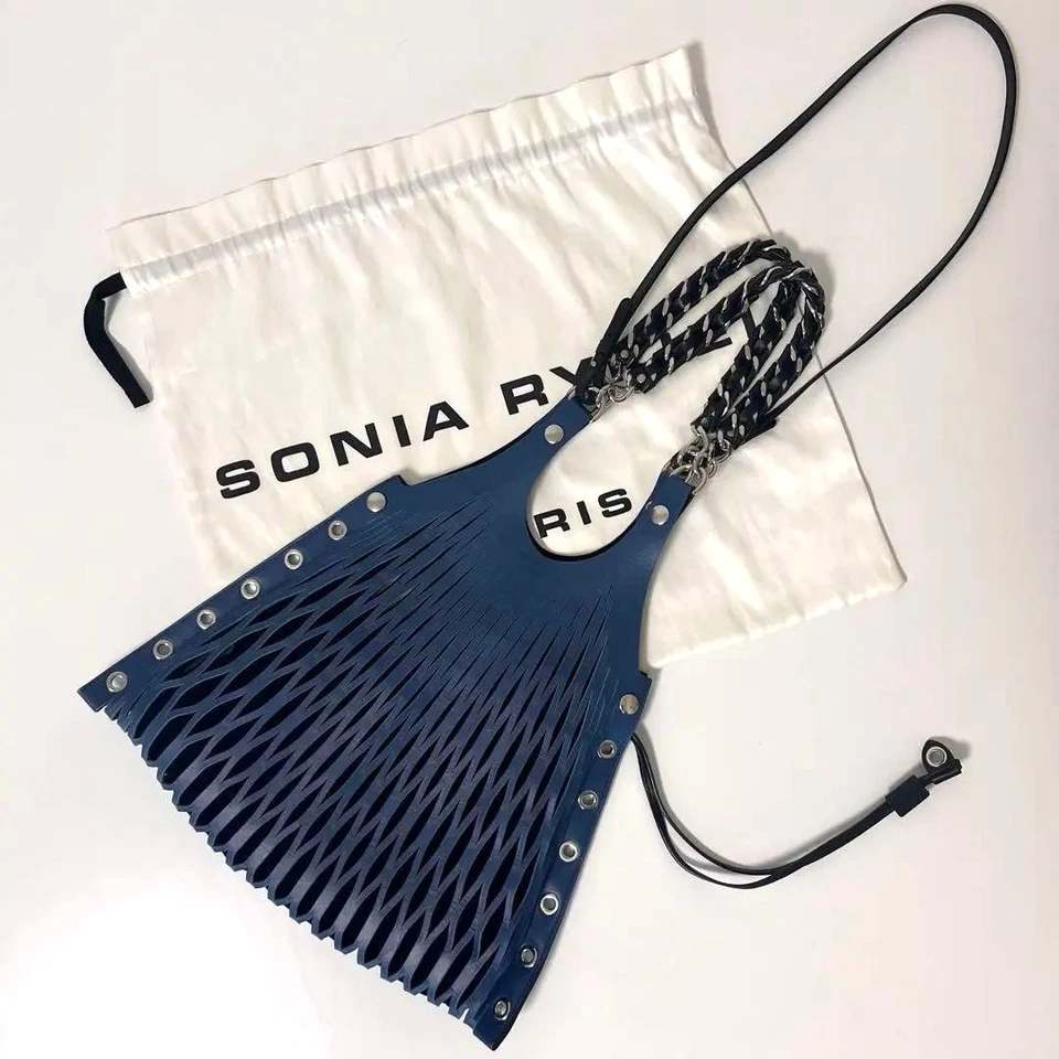 Bolsa de ombro Sonia Rykiel couro com cinto corrente cravejada azul do Japão usada - Imagem 1 de 4