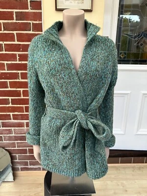 M&S Large Chunky Knit Belted Jumper Turquoise Mix Acrylic Mohair & Wool Blend L - Image 1 of 4