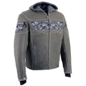Men's Motorcycle Reflective Skull Scoter Crossover Leather Jacket Blk Brown Gray - Picture 1 of 51