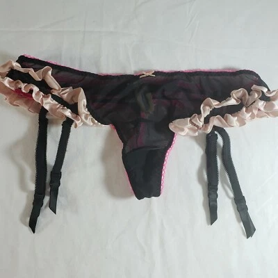 Victoria's Secret Tanga Liguero Grande Negro Rosa Satinado Volantes Foto 1 de 4