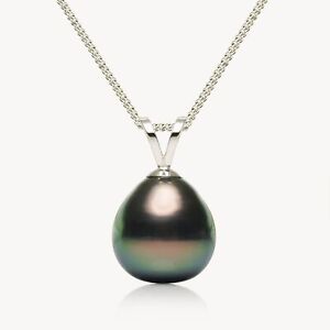 Simple 9.7mm Green Tahitian Saltwater Pearl Pendant 18k Solid White Gold Bail
