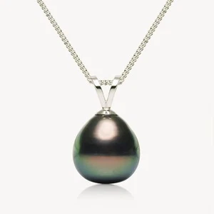 Simple 9.7mm Green Tahitian Saltwater Pearl Pendant 18k Solid White Gold Bail - Picture 1 of 6