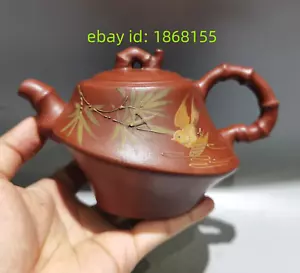 6,3" Yixing Zisha roter Ton Handarbeit Malerei Bambus Kung Fu Tee Exquisite Teekanne - Bild 1 von 9