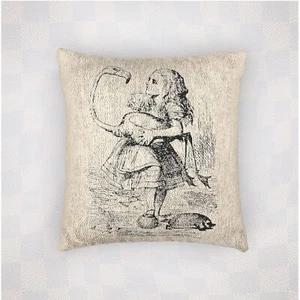 Alice in Wonderland Woven Pillow, Rustic Decor, Flamingo Gift, Vtg Couch Cushion - Picture 1 of 5