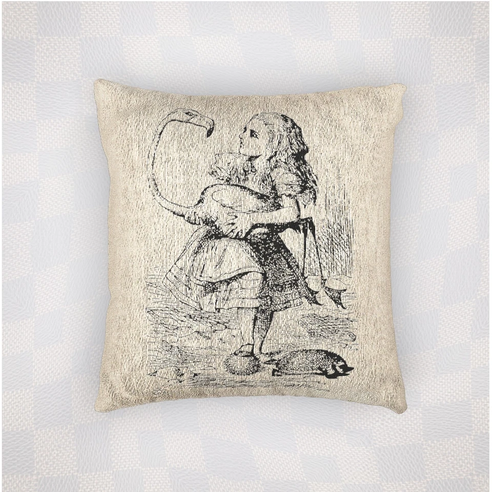 Alice in Wonderland Woven Pillow, Rustic Decor, Flamingo Gift, Vtg Couch Cushion - Image 1 of 1