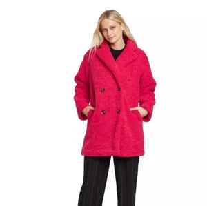Who What Wear Women's Large Double Breasted Faux Fur Pink Teddy Mid Length Coat - Picture 1 of 8