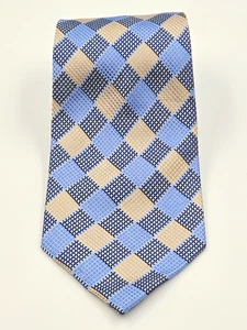 Corbata clásica hecha a mano azul beige 100 % seda a cuadros Dona Dona - Imagen 1 de 6
