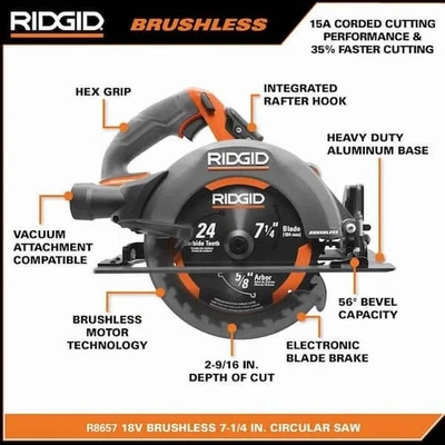 RIDGID USED Octane R8657B 18V 7-1/4'' NO BLADE Circular Saw Bare Tool - Image 1 of 3