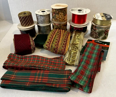 LARGE LOT OF CHRISTMAS WIRED RIBBON NEW & USED 1" - 2.5" - Image 1 of 4
