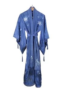 Antique Japanese Warm Blue Silk Embroidered Chrysanthemums Kimono Robe - Picture 1 of 16