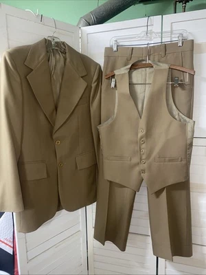 Vintage Sears The Men's Store Polyester 3 Piece Suit Khaki Tan Brown 39R - Image 1 of 4