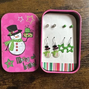 Vintage Tin Box With Lid With 4 Pairs Of Earrings Christmas Holiday Snowman - Picture 1 of 11