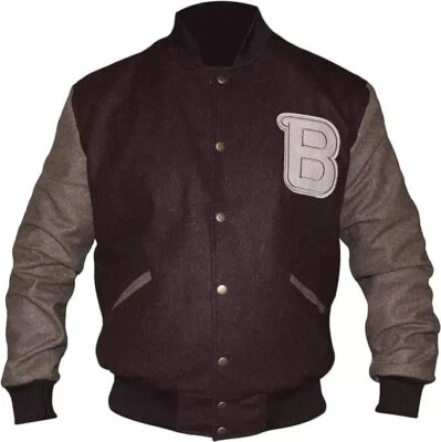 Hotline B Logo Bomber Varsity Letterman Brown Wool Baseball Sports Wear Jacket - Image 1 of 4