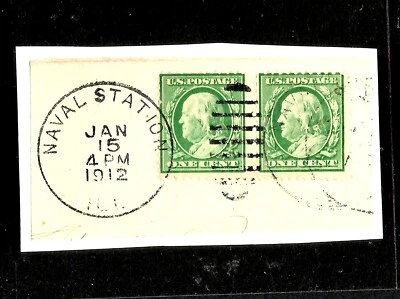 2X US G WASHINGTON 1c GREEN, US NAVAL STATION 1912 POSTMARK, FU - Image 1 of 2