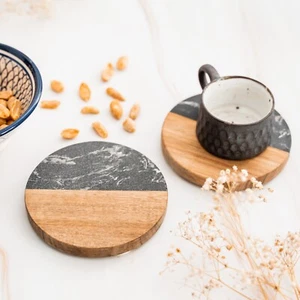 Round Wood and Marble Coasters Set of 2 - Elegant Home Decor Black and Brown - Picture 1 of 4