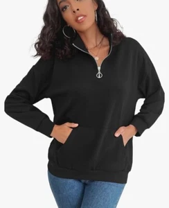 YYA Fleece Pullover Women Quarter Zip Casual 1/4 Zip Sweatshirt w/pocket-XL BLCK - Picture 1 of 8