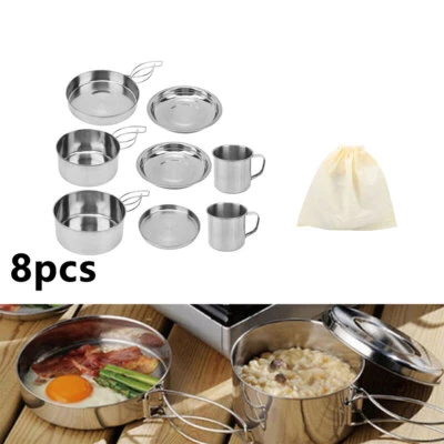 8x Camping Kochgeschirr Edelstahl Outdoor Koch-Set Campinggeschirr Töpfe Pfanne