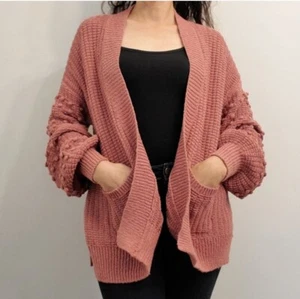 Madewell Blush Pink Open Front Cardigan Balloon Sleeves and Pom Poms Size Small - Picture 1 of 6