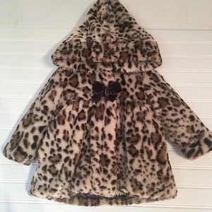 Pistachio Toddler Girls 2T Leopard Fur/Brown Satin Hooded Reversible Coat - Picture 1 of 6