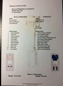 1958 Heart of Midlothian v Scotland XI World Cup Trial matchsheet - Picture 1 of 1