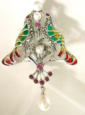 Sterling Silver Art Nouveau Plique a Jour Ruby Marcasite Bird Brooch Pin Pendant - Image 1 of 4