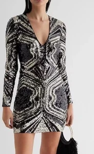 NEW!✨Express Patterned Sequin V-Neck Mini Sheath Dress Large Quincenera Guest - Picture 1 of 10