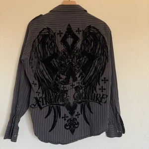 Xtreme Couture By Affliction Men’s L Button Down Velvet Biker Wings Y2K Grunge - Picture 1 of 15