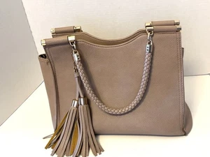 Miztique Beige Taupe Tote Woven Handles Tassels Handbag - Picture 1 of 19