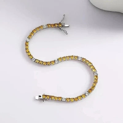 4CT Rd Cut Lab Created Citrine Women's Tennis Bracelet 14K White Gold Plated 7" - Image 1 of 4