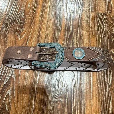 Cinturón de cuero genuino talla XL turquesa bordado ANGEL RANCH BKE hebilla DA5542 Foto 1 de 4