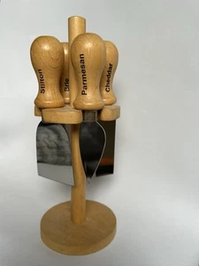 4 Cheese Knives Cutters Parmesan Brie Stilton Cheddar With Round Wooden Stand - Picture 1 of 15