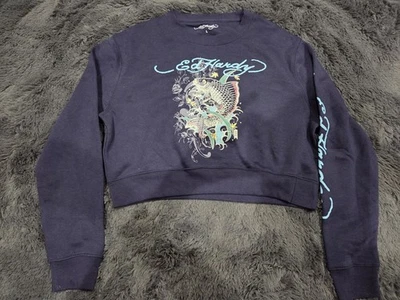 Sudadera Ed Hardy Para Mujer L Azul Koi Pez Logo Recortado Pullover Suéter Foto 1 de 4