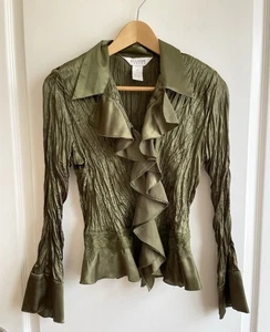 Vintage Green Crinkle Ruffle Lace Top Allison Taylor Sz M Y2K Fairy Grunge  - Picture 1 of 6